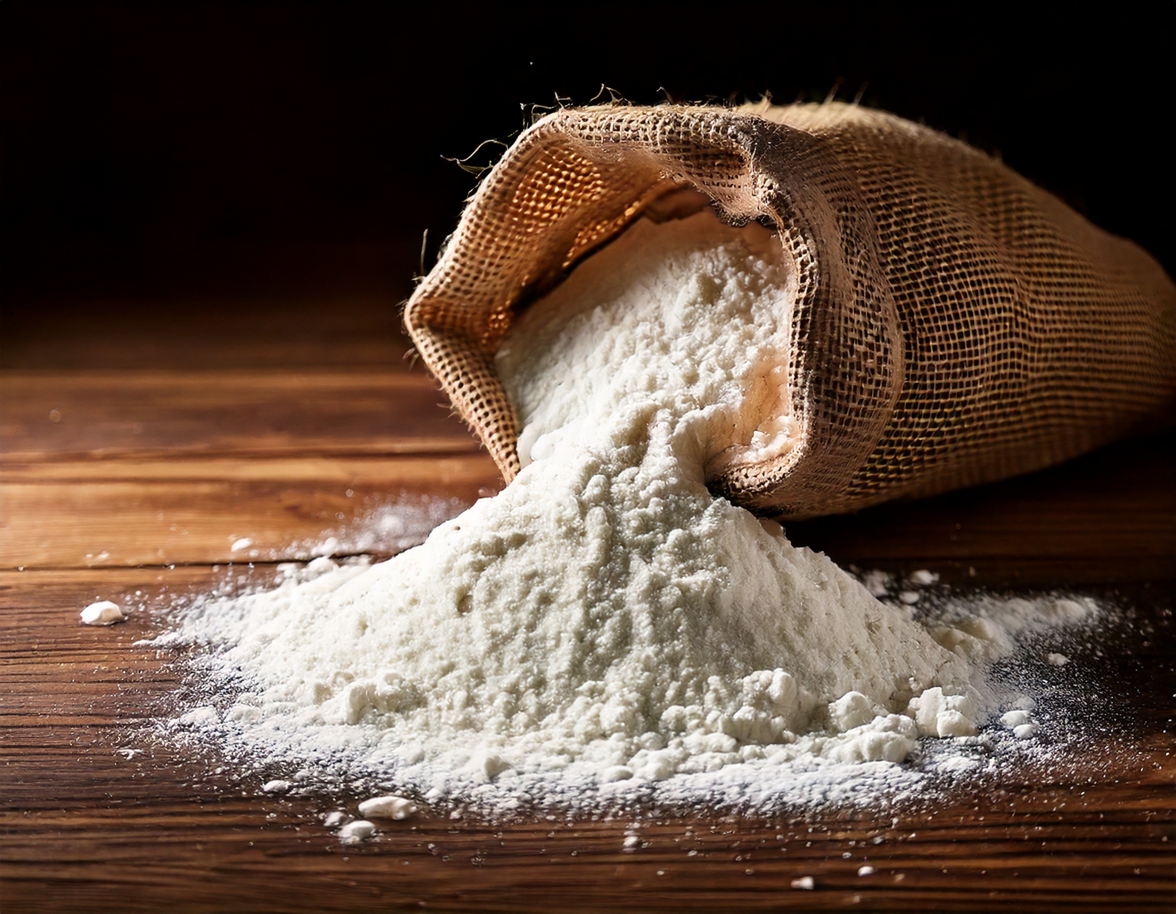 製粉後の小麦粉が袋からこぼれる静物シーン。放熱フィンが搬送配管の熱を安定化し、粉体の品質保持に貢献しています。